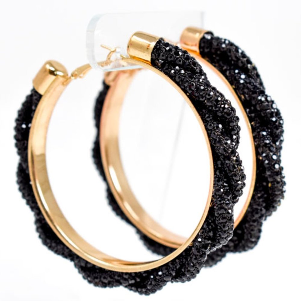 3" Boho Braid Twist Black Rhinestone Hoop Earrings